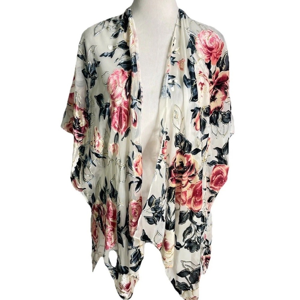 Roffe Burnout Velvet Floral Kimono Wrap Top OS Boho Fairy Western Beach
